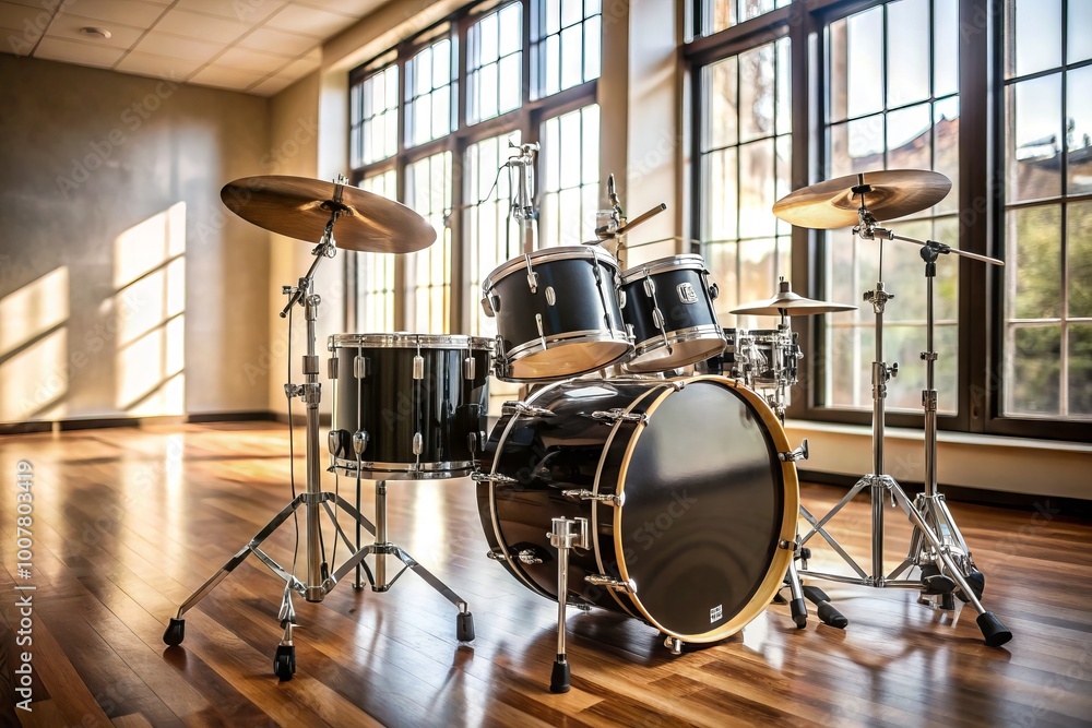 Shiny black drum kit with cymbals and drumsticks positioned on a sleek hardwood floor in a well-lit, modern Shiny black drum kit with cymbals and drumsticks positioned on a sleek hardwood floor in a well-lit, modern