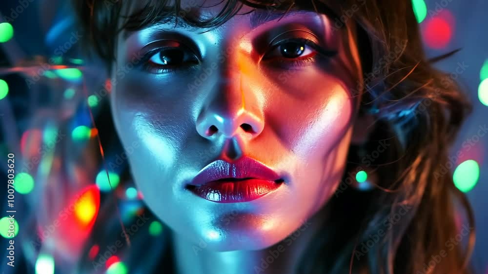A woman's face is illuminated by colorful lights, creating a dramatic and vibrant portrait A woman's face is illuminated by colorful lights, creating a dramatic and vibrant portrait