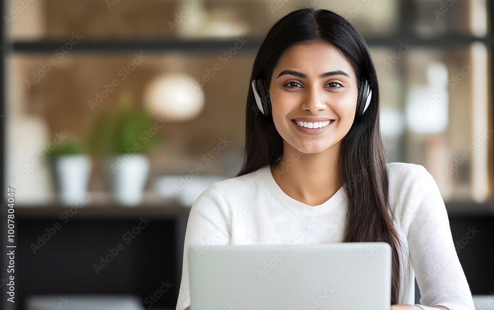 Cheerful woman using laptop with headphones, working or studying in a bright, modern environment. Focus on productivity and engagement. Cheerful woman using laptop with headphones, working or studying in a bright, modern environment. Focus on productivity and engagement.