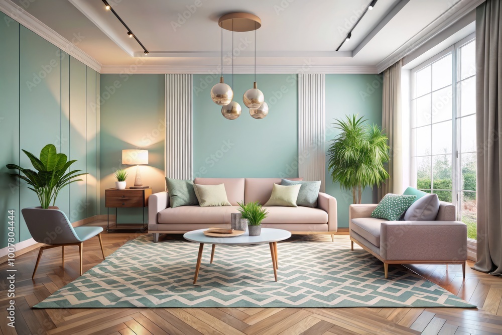 Sleek, pastel-hued living room with sparse decor, geometric-patterned rug, and sparse greenery, evoking a serene, Sleek, pastel-hued living room with sparse decor, geometric-patterned rug, and sparse greenery, evoking a serene,