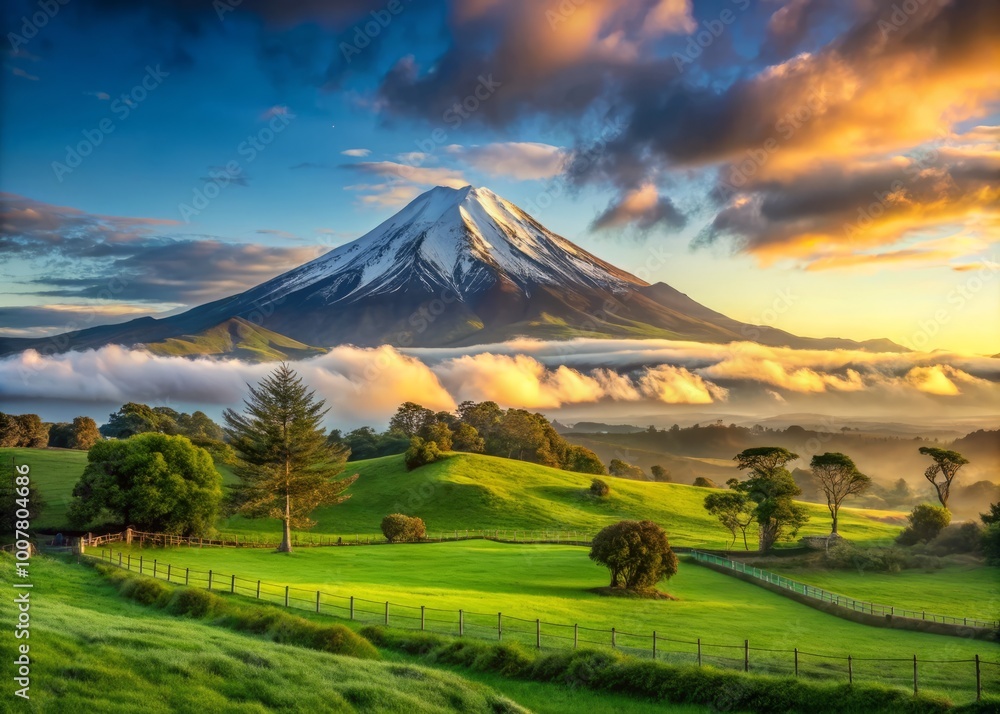 Fototapeta premium Snow-capped Mt. Taranaki towers above lush green pastures and rolling hills, surrounded by misty clouds, in a serene