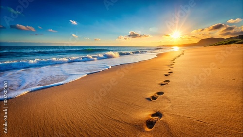 Small footprints in the sand on a sunny beach, leading towards the horizon, symbolizing childhood adventure, freedom,
