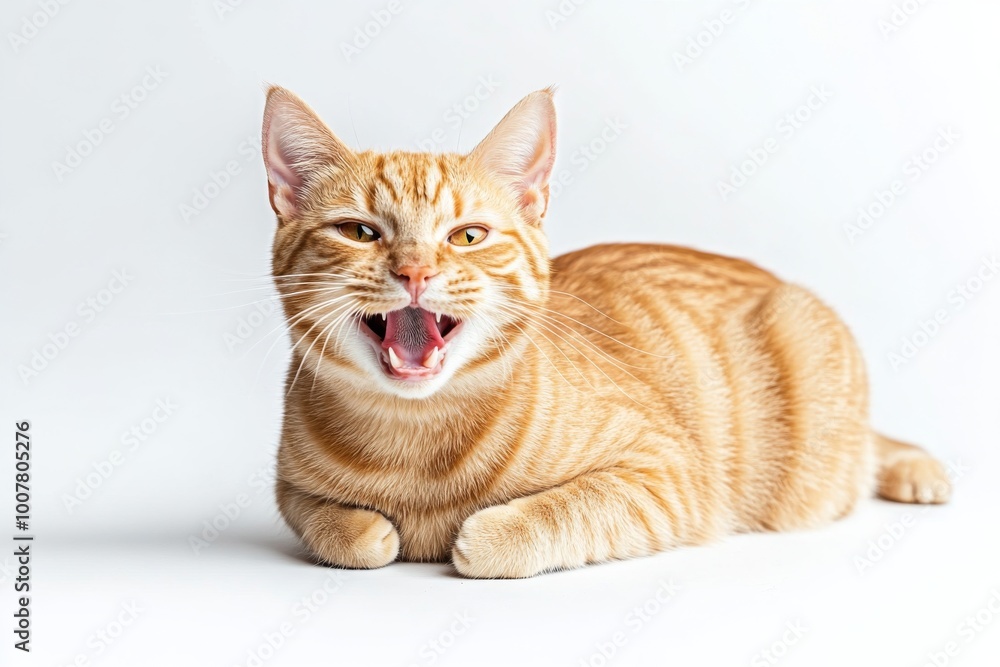cat portrait isolated on a white background, with a shocked face, open mouth, and tongue out. cat portrait isolated on a white background, with a shocked face, open mouth, and tongue out.
