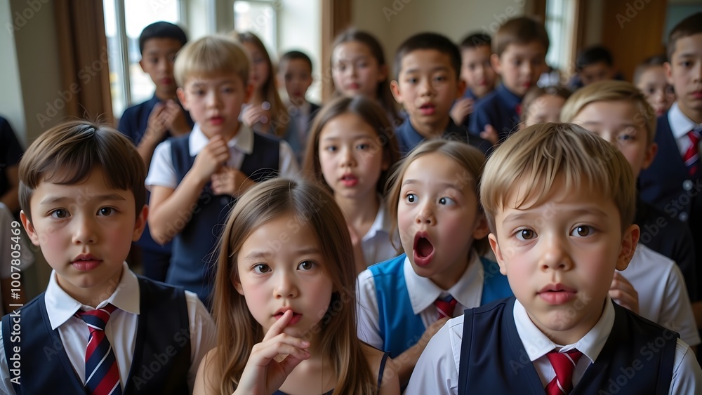 Astonished Students: A captivating group portrait of elementary school children in uniform, their faces etched with surprise and wonder.  Their wide-eyed expressions tell a story of shared amazement.