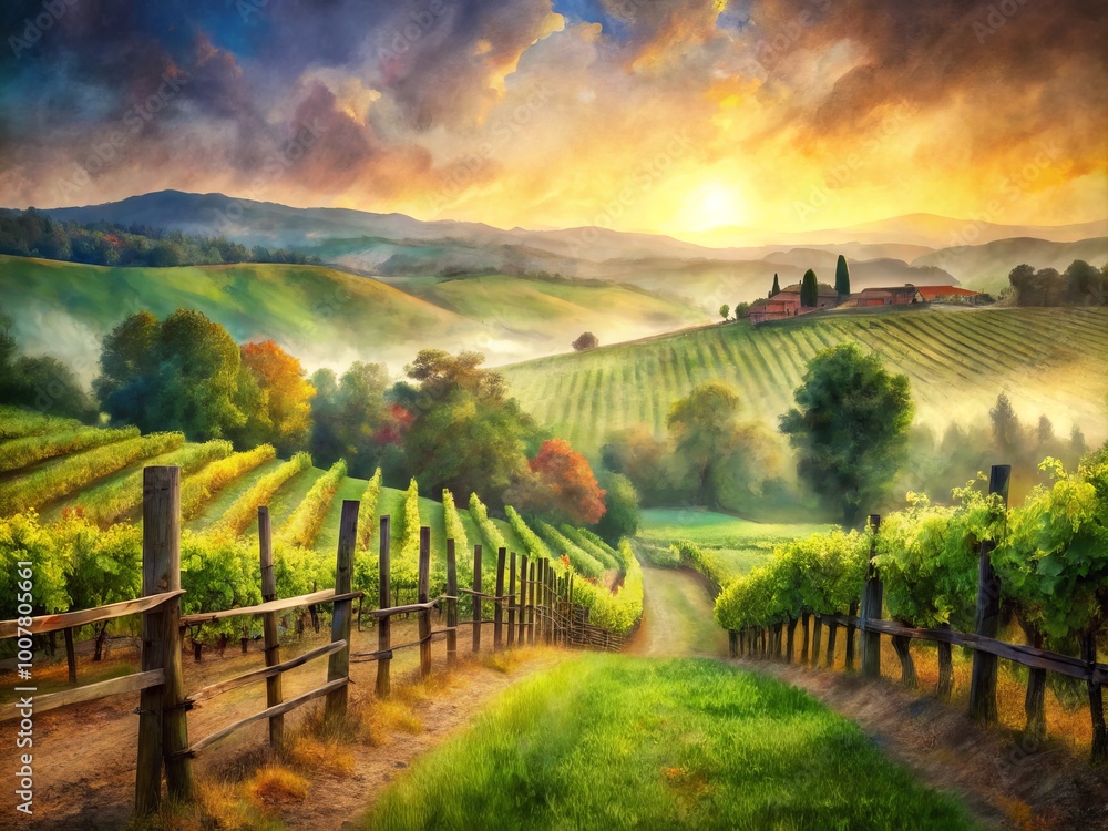 Obraz premium Softly blurred, dreamy vineyard scene with lush greenery, rolling hills, and rustic wooden fences, set against a warm,