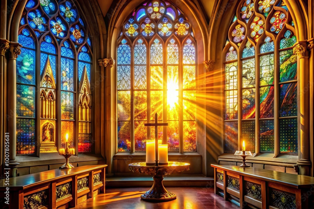 Fototapeta premium Softly glowing rays of warm light emanate from a majestic, ornate stained-glass window, symbolizing hope, forgiveness,