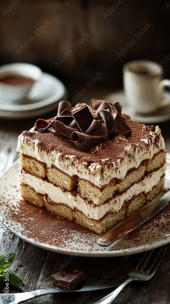 Tiramisu cake with chocolate on a dark background Tiramisu cake with chocolate on a dark background