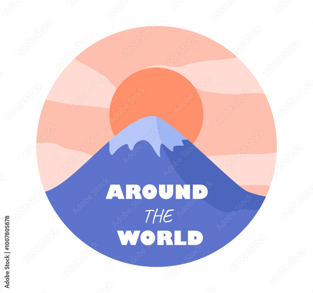 Travel sticker concept. Mountains with orange sun. Beautiful natural panorama and landscape. Travel and tourism. Holiday and vacation. Flat vector illustration Travel sticker concept. Mountains with orange sun. Beautiful natural panorama and landscape. Travel and tourism. Holiday and vacation. Flat vector illustration