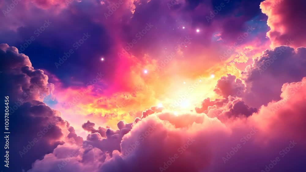 A beautiful sunset over a field of clouds, with the sky ablaze in vibrant hues of pink, orange, and yellow A beautiful sunset over a field of clouds, with the sky ablaze in vibrant hues of pink, orange, and yellow