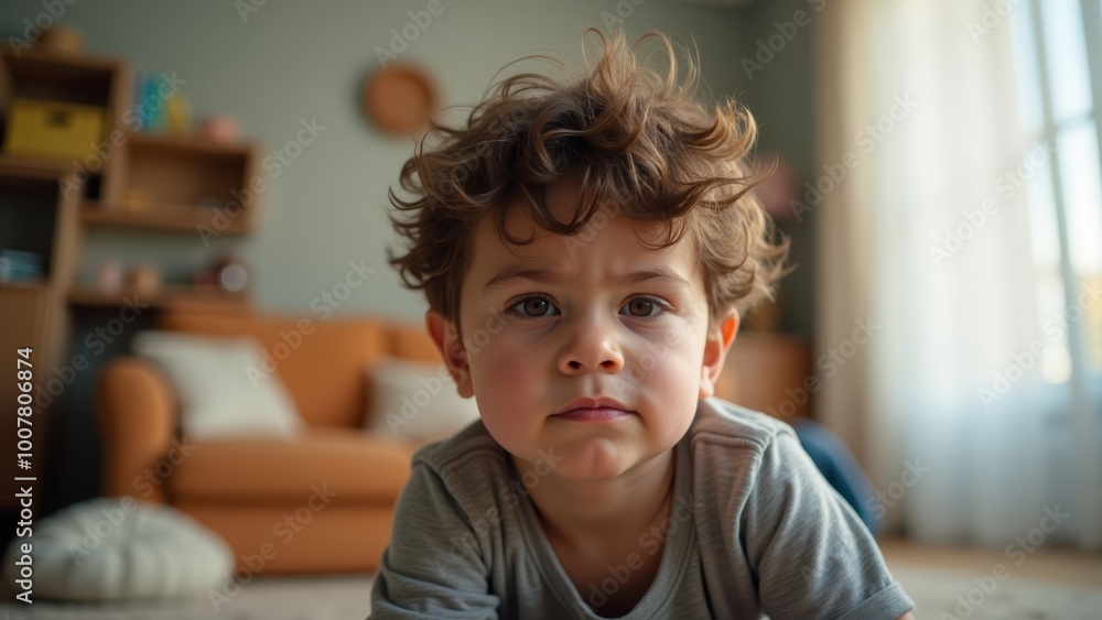 Young Caucasian White Boy Child Playroom Pouting Young Caucasian White Boy Child Playroom Pouting