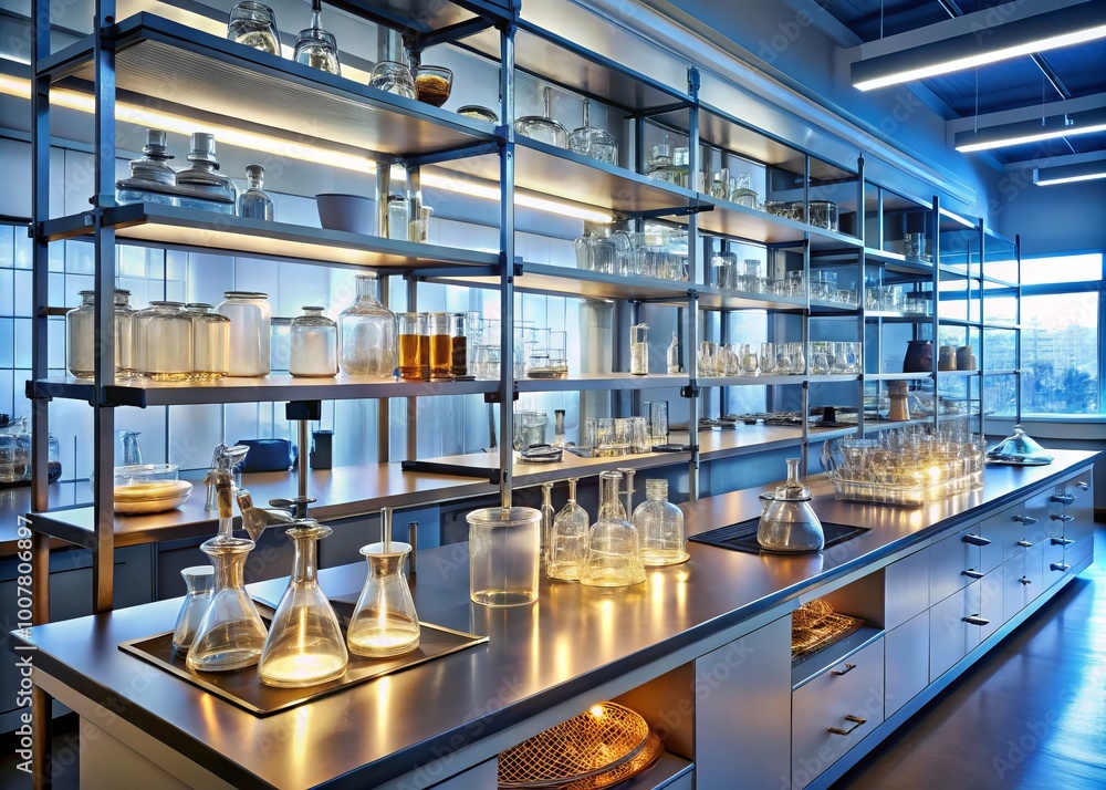 Sparkling laboratory counters and shelves stocked with neatly organized beakers, Petri dishes, and gleaming metal Sparkling laboratory counters and shelves stocked with neatly organized beakers, Petri dishes, and gleaming metal