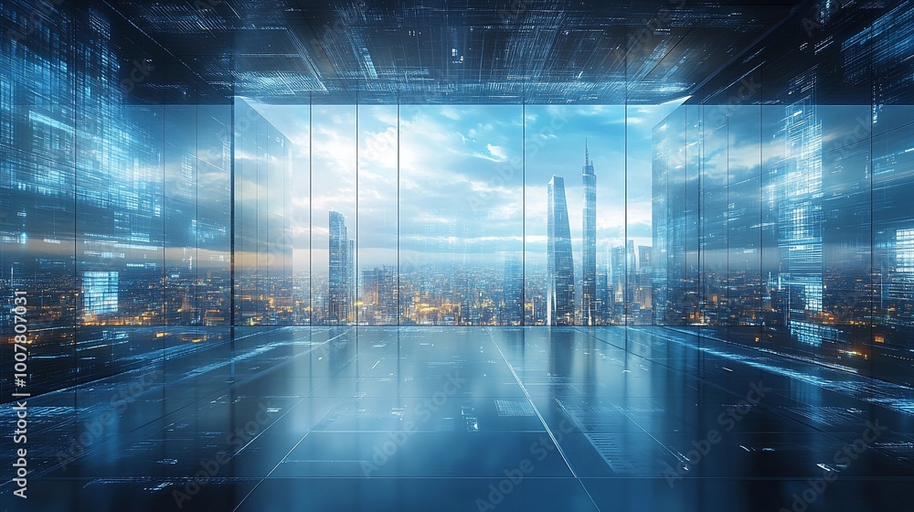 Empty futuristic office with cityscape view. Empty futuristic office with cityscape view.