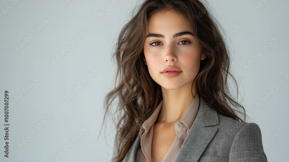 A young woman with long brown hair and a serious expression looks directly at the camera. She is wearing a light-colored blazer and a white shirt. A young woman with long brown hair and a serious expression looks directly at the camera. She is wearing a light-colored blazer and a white shirt.