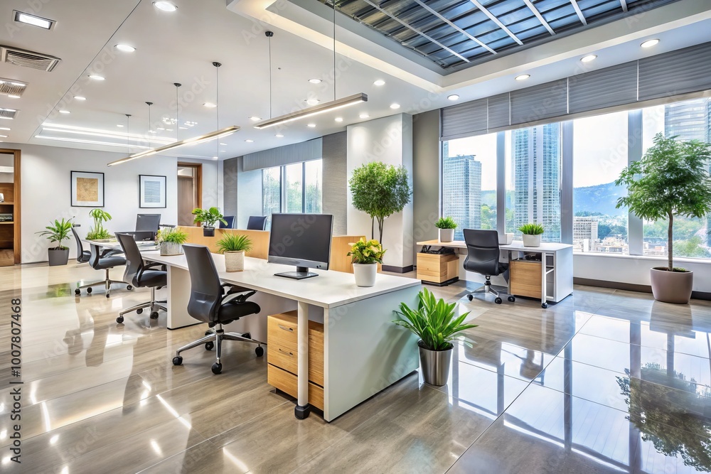 Spotless office space with sleek furniture, shiny floors, and tidy desks, showcasing a thorough cleaning service's Spotless office space with sleek furniture, shiny floors, and tidy desks, showcasing a thorough cleaning service's