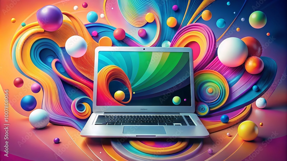 Stylized illustration of a modern laptop computer with a colorful icon on the screen, surrounded by swirling design Stylized illustration of a modern laptop computer with a colorful icon on the screen, surrounded by swirling design