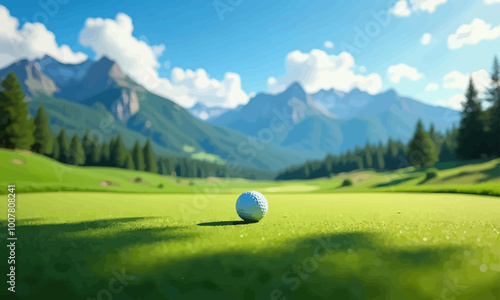 Golf Ball on Lush Green Fairway, Snowy Mountains in Background