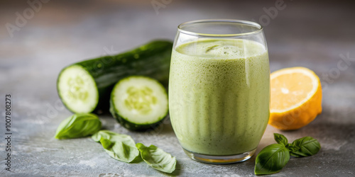 Fresh cucumber smoothie surrounded by basil leaves and a sliced lemon on a rustic table.