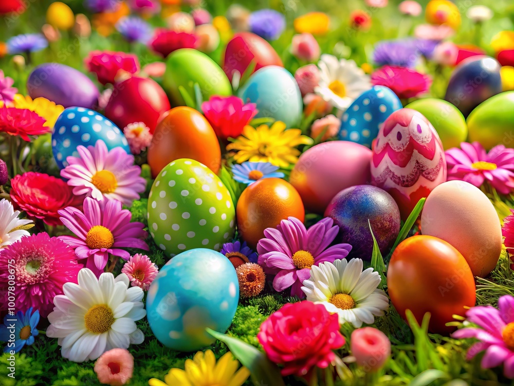 Easter's joy shines through a beautiful backdrop of colorful eggs and flowers, celebrating the season's spirit of Easter's joy shines through a beautiful backdrop of colorful eggs and flowers, celebrating the season's spirit of