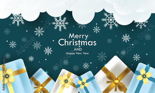 Christmas and Holiday Gifts Snow Winter Background with gift boxes and snowflakes