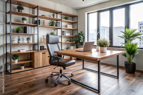 Tidy modern office with sleek wooden desk, ergonomic chair, and minimalist shelving, surrounded by blurred background,