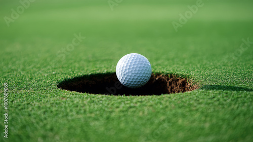 Close-up of a golf ball rolling towards the hole on a manicured green, intense concentration