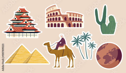 Travel stickers collection. Cactus, bedouin at camel, Egypt pyramid and Roman Colosseum. Holiday and vacation, journey. Travel and tourism. Flat vector set