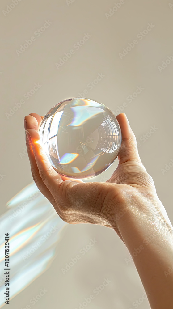 Crystal ball in hand; natural light from above, reflections, subtle highlights on white.
