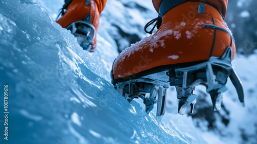 Close-up of an ice climber crampons gripping the ice, secure and determined photo