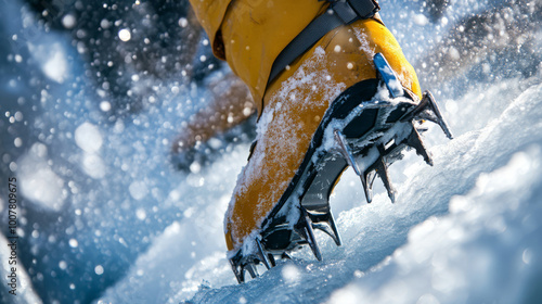 Close-up of an ice climber crampons gripping the ice, secure and determined photo