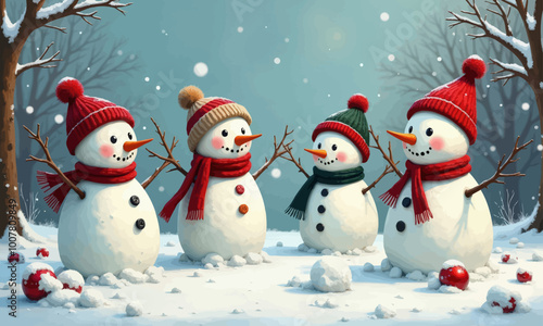 Four Snowmen in Winter Forest