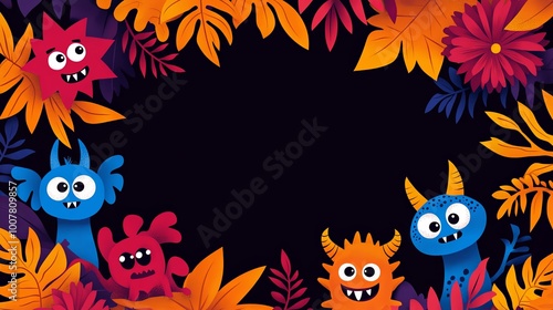 Colorful cartoon monsters framed by vibrant foliage