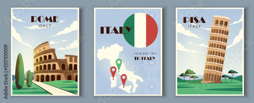 Trip to italy posters set. Coliseum and Pisa. Travel and tourism. Holiday and vacation. Italian landmarks and sightseens. Pack of postcards. Flat vector collection