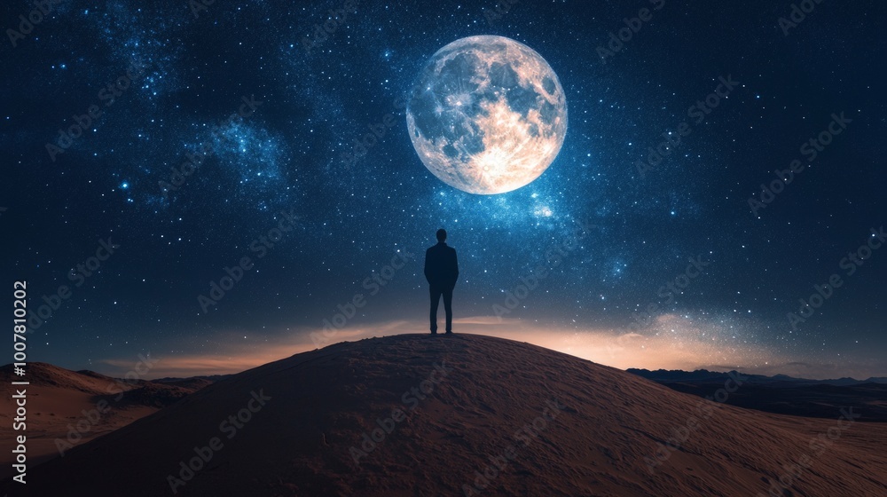 Man gazing at the expansive starry night sky from a desert hill, full moon illuminating the landscape, evoking a sense of solitude and awe in nature's grandeur. Man gazing at the expansive starry night sky from a desert hill, full moon illuminating the landscape, evoking a sense of solitude and awe in nature's grandeur.