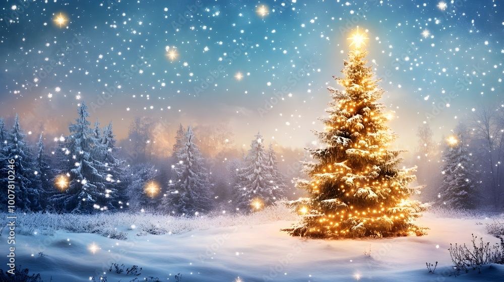 Digital illustration of magic christmas tree against snowy landscape with fir trees and shining stars in the sky background Digital illustration of magic christmas tree against snowy landscape with fir trees and shining stars in the sky background