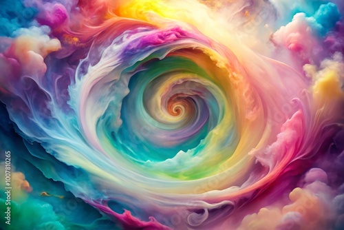 Vibrant abstract swirl of pastel colors blending into a dreamy mist, evoking a sense of mystery, ambiguity, and photo