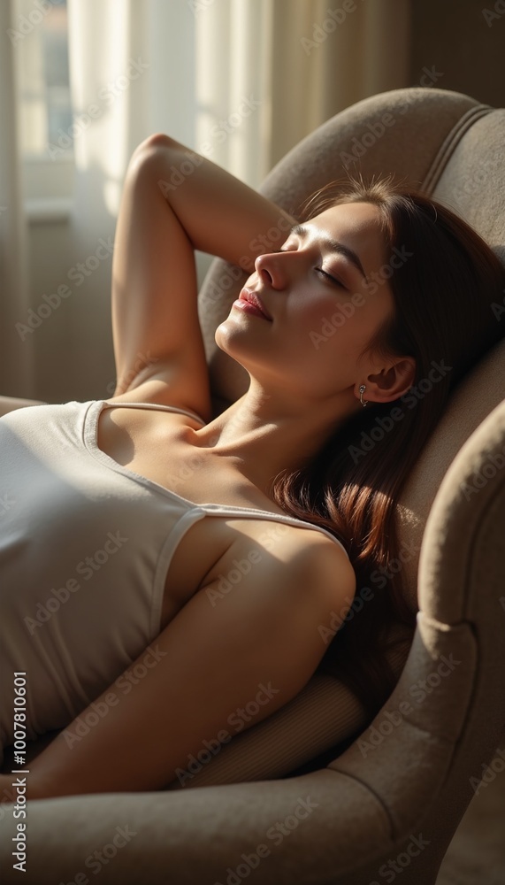 Fototapeta premium Relaxed young woman enjoying peaceful moment while resting in comfortable chair