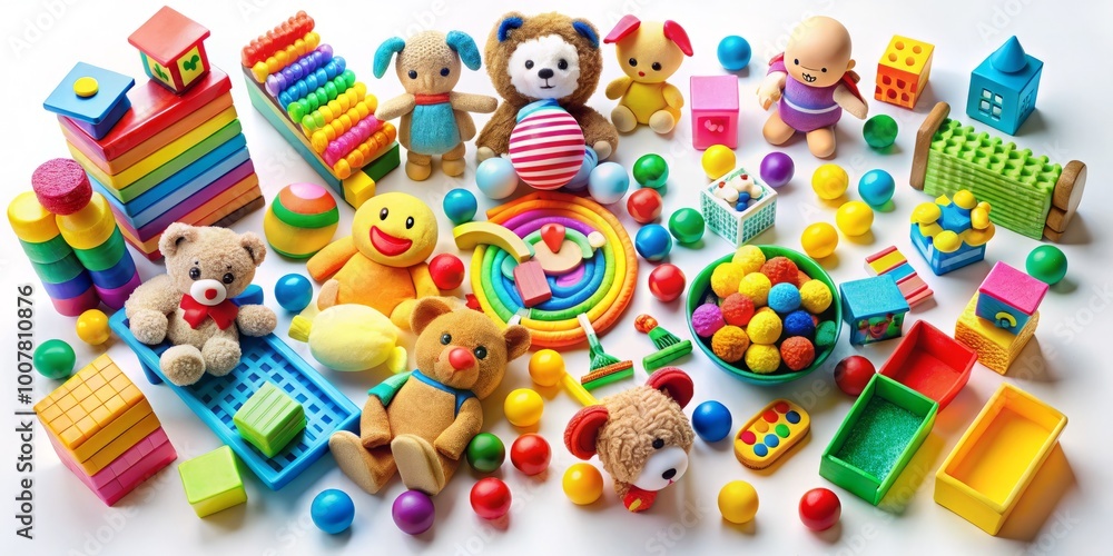 Obraz premium Vibrant assortment of colorful toys and playthings, including blocks, dolls, and stuffed animals, artfully arranged on