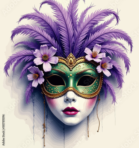 Elegant Mask with Purple Feathers and Flowers