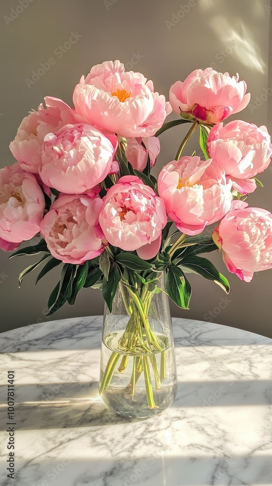 Obraz premium A stunning bouquet of pink peonies in a clear vase, beautifully arranged on a marble surface, capturing the essence of elegance.