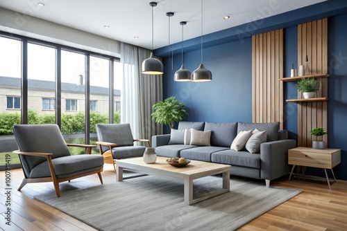 Vibrant blue accent wall adds a pop of color to a modern living room featuring sleek grey furniture,