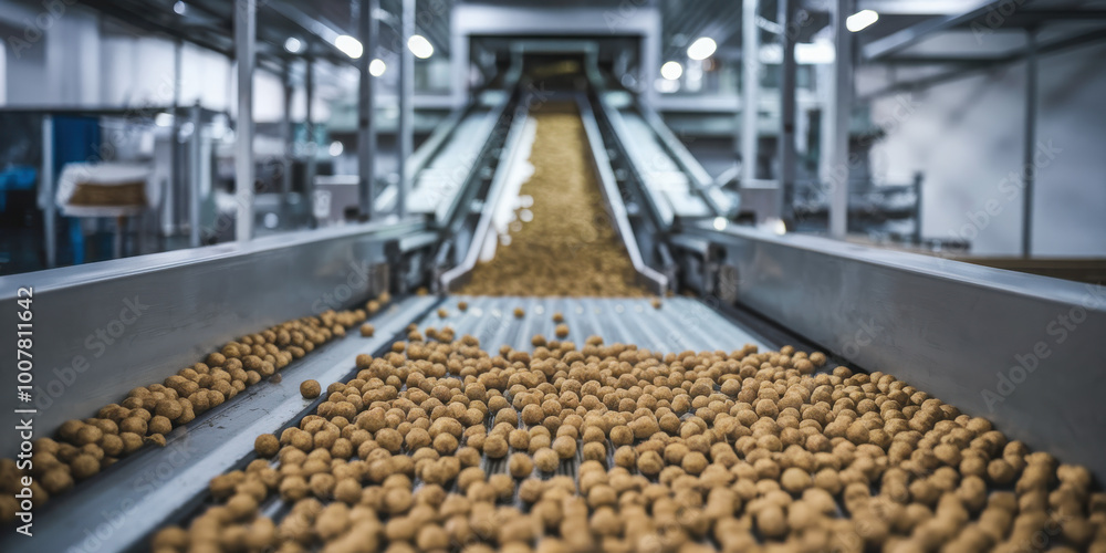 Automated production line processing large quantities of food items. Automated production line processing large quantities of food items.