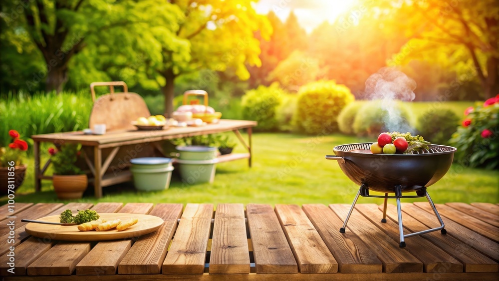 Summer backyard BBQ scene with a wooden table and grill, with a blurred background, summer, backyard, garden, grill, BBQ Summer backyard BBQ scene with a wooden table and grill, with a blurred background, summer, backyard, garden, grill, BBQ