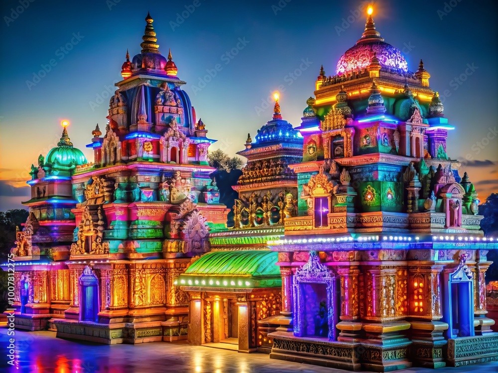 Obraz premium Vibrant bokeh lights dance across a colorful nighttime scene of intricately carved ancient Indian temple architecture,