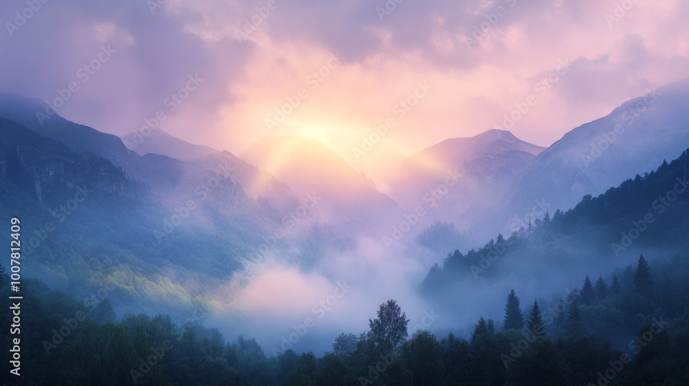 Fototapeta premium Misty Mountains with Rainbow Glow, an enchanting landscape of shrouded peaks illuminated by a gentle rainbow, evoking a serene and mystical ambiance in nature.