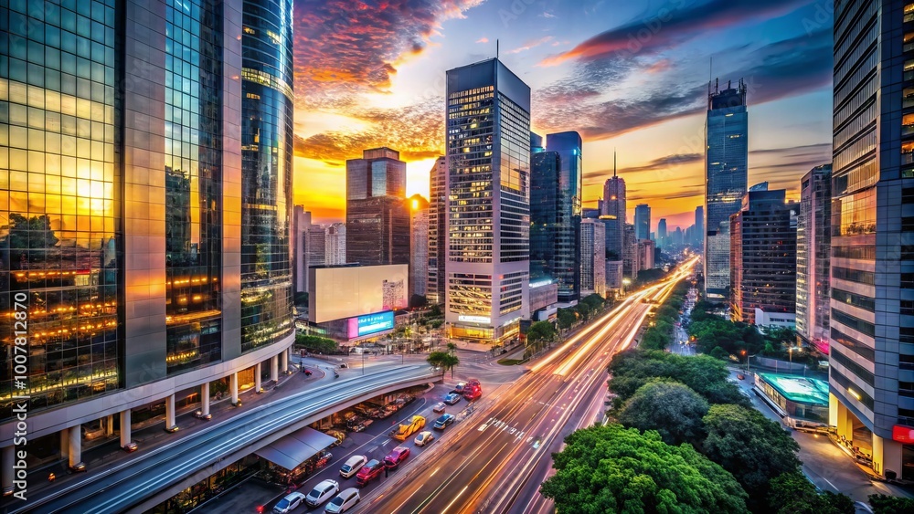 Vibrant cityscape at dusk featuring a giant illuminated advertisement signage towering above sleek skyscrapers and Vibrant cityscape at dusk featuring a giant illuminated advertisement signage towering above sleek skyscrapers and