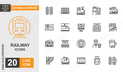 Railway icon set. Station, transportation, cargo, track, train and more line icon editable stroke.