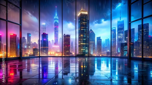 Vibrant cityscape at dusk, with towering skyscrapers and neon lights reflecting off wet pavement, viewed through a photo