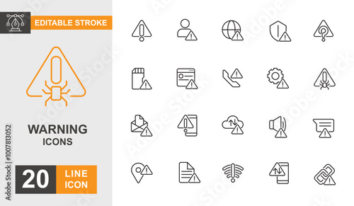 Warning icon set. Important, error, attention, triangle, protection and more line icon editable stroke.