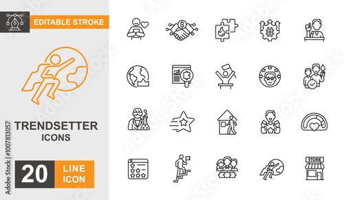 Trendsetter icon set. Growth, research, aspiration, innovation, progress and more line icon editable stroke.