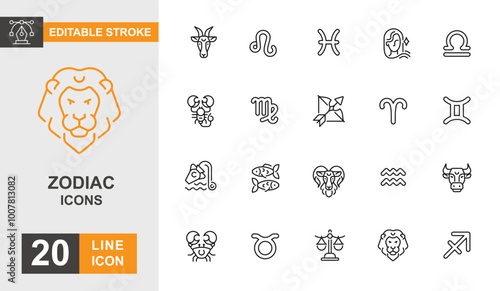 Zodiac icon set. Leo, virgo, libra, pisces, sagittarius and more line icon editable stroke.
